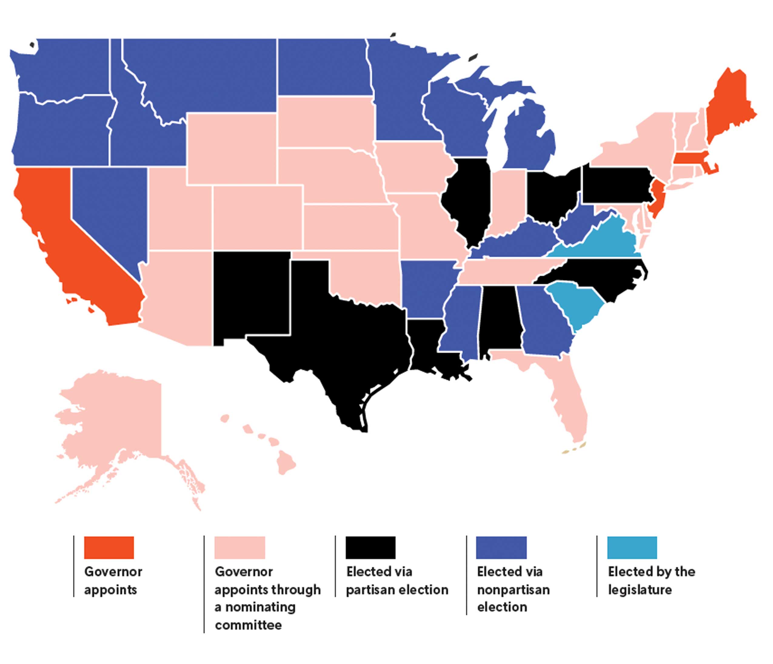 Map of the United States with states color coded to show the where justices are appointed and elected.
