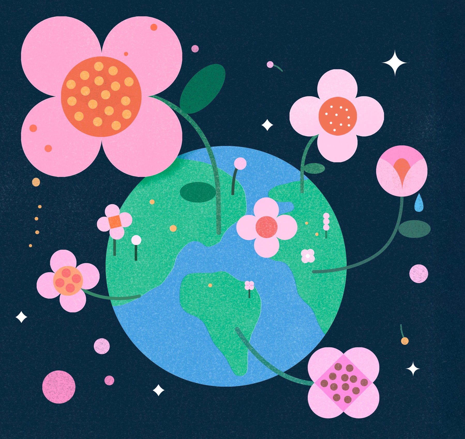 An illustration of a globe with pink flowers growing out of several continents.